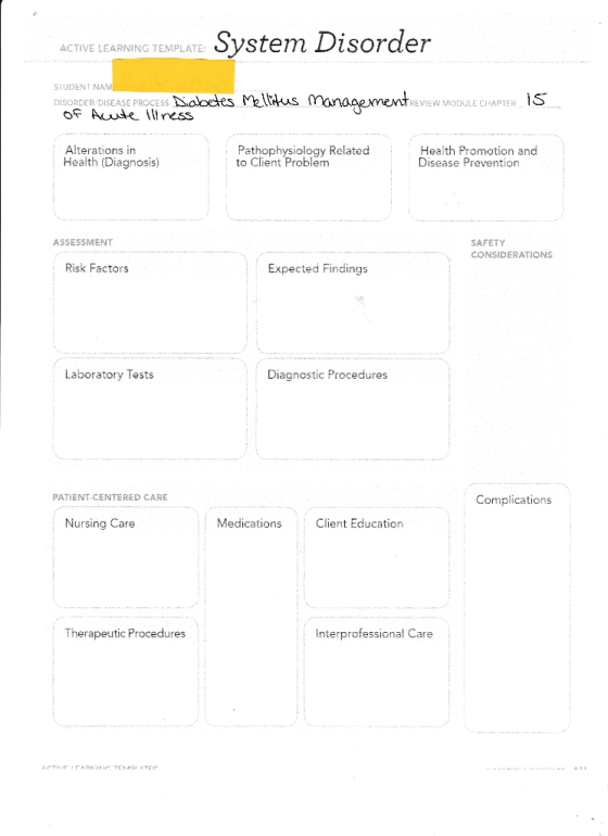 ACTIVE LEARNING TEMPLATE: System Disorder STUDENT NAM DISORDER:DISEASE PROCESS Sabetes Mellitus Management REVIEW MODULE CHAP