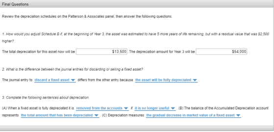 Final Questions Review the depreciation schedules on the Patterson & Associates panel, then answer the following questions. 1
