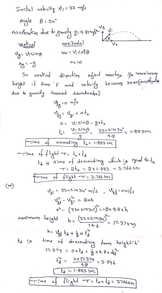 Vy Vi Un Initial velocity 0; = 33 m/s Angle O= 34 Aceleration due to gravity g-9.8 ingin men Ke vertical Horizontal Uy; = Vi
