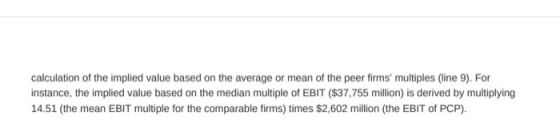 calculation of the implied value based on the average or mean of the peer firms multiples (line 9). For instance, the implie