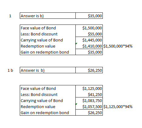 1 Answer is b) $35,000 Face value of Bond Less: Bond discount Carrying value of Bond Redemption value Gain on redemption bond