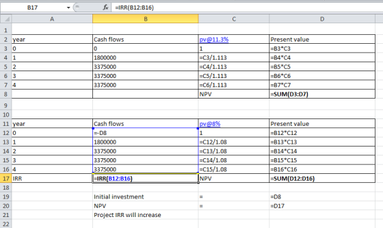 B17 foc IRR(B12:B16) Cash flows pv@11.3% 1 2 year 30 4 1 5 2 1800000 3375000 3375000 3375000 =C3/1.113 =C4/1.113 =C5/1.113 =C