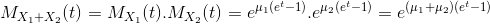 M_{X_1 + X_2}(t) = M_{X_1}(t) .M_{X_2}(t) = e^{\mu_1(e^t-1)} . e^{\mu_2(e^t-1)} = e^{(\mu_1 + \mu_2)(e^t-1)}