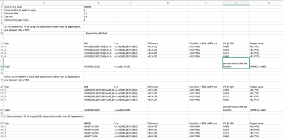 180000 3 Cost of new asset 4 Estimated life of asset, in years 5 Discount Rate 6 Tax rate 7 Estimated salvage value 0.4 0 a)