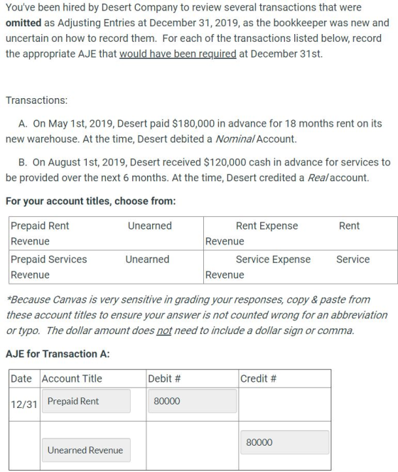 Youve been hired by Desert Company to review several transactions that were omitted as Adjusting Entries at December 31, 201