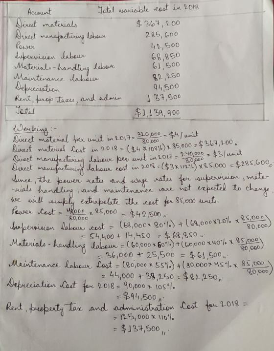 Materials-handling Account Total variable cost in 2018 Direct materials $367,200 Direct manufacturing labour 285,600 Power 42
