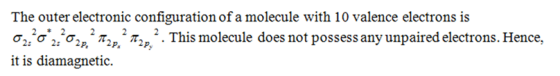 The outer electronic configuration of a molecule with 10 valence electrons is σ2.2ơ2.2σ2p, 2 π2p 2 π2p 2 . This molecule does