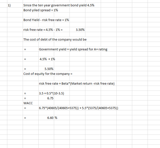 1) Since the ten year government bond yield 4.5% Bond yiled spread = 1% Bond Yield -risk free rate = 1% risk free rate = 4.5%
