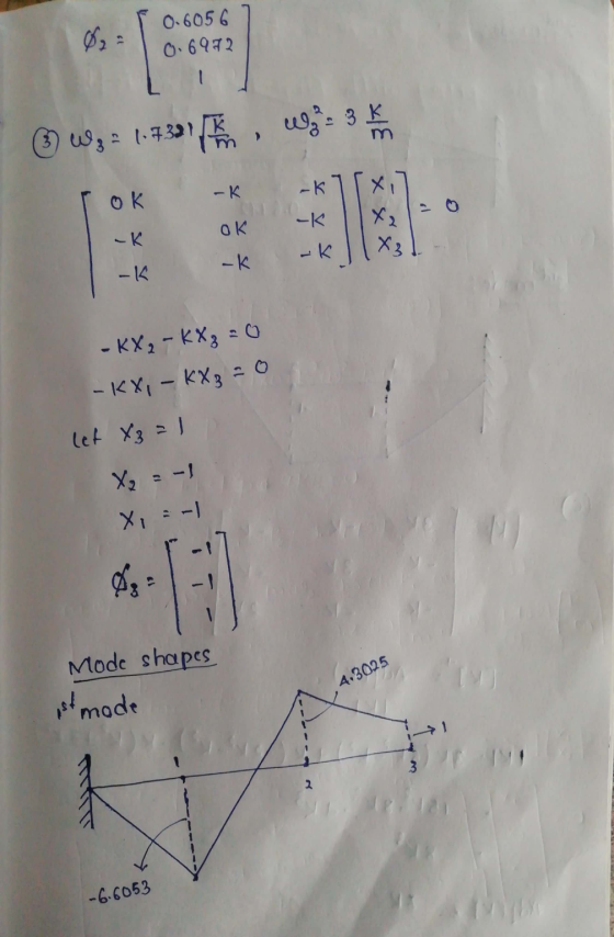 Ø : 0.6056 0.6972 * Wy: 1.7331 22. W: 3 ok ОК -K -k *** -k -K - KX₂ - KX₂ = 0 -KX, - KX₂ = 0 let X3 = 1 X₂ = -1 X, :- Mode sh