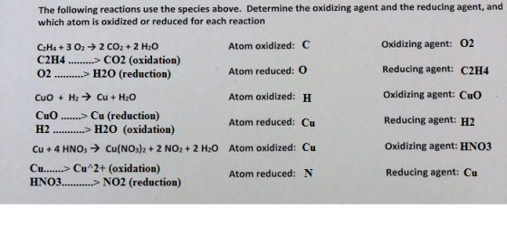 The following reactions use the species above. Determine the oxidizing agent and the reducing agent, and which atom is oxidiz