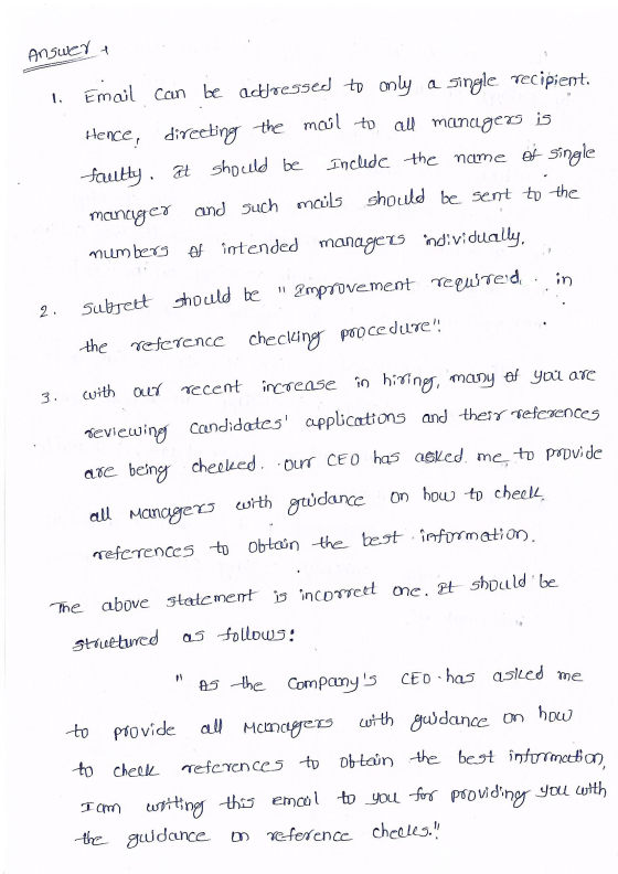 Answer t 1. Email can be addressed to only a single recipient. Hence, directing the mail to all managers is faulty t should b