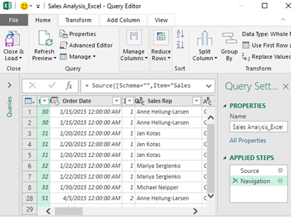 0 x 1 File Data Type: Whole Close & Load Close P Group By Use First Rowa 2 Replace Values Transform X Queries . = Sales Analy