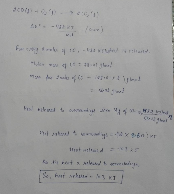 20019) + O2(8) 210 (9) AHO - - 482 kJ I given) mol for every 2 moles of co, - 482 KT heat is released, Molor mass of 10 = 28.