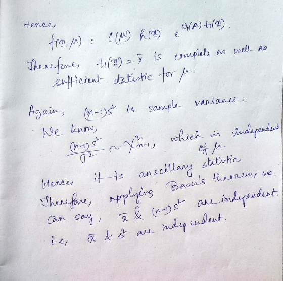 Hences +(2,4) - IMD hay carca) Hi(2), Sherefore, tim) 2 is complete as well as sufficient statistic for M. Again, (n-1)s is s