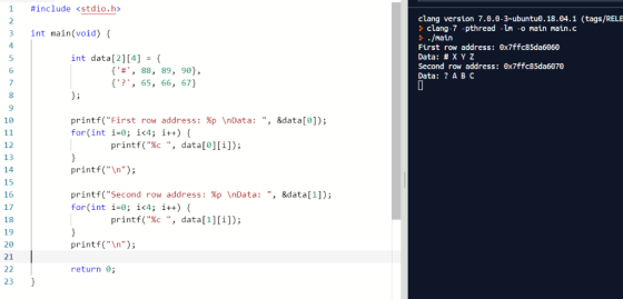 1 #include <stdio.h> 3 int main(void) { clang version 7.0.0-3-ubuntu. 18.04.1 (tags/RELE } clang-7 -pthread -LM -o main main.