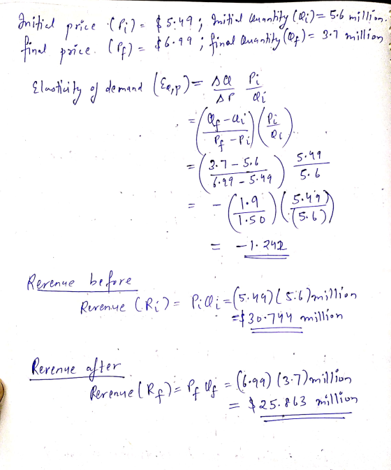 Initial price (Pi) = $5.49, Initial cuantity (i)=566 million, final price. (Pf) = $6.99; final Quantity (Of) = 3.7 million El