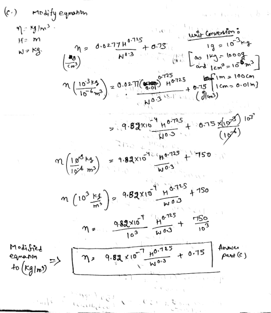 (e.) modity equation na ng Im?. Ham wa kg. 6:3 il * 1,0.725 unir conversion ; na 0.0277H - +0.25 19 210 kg ti Tas ikg - looog