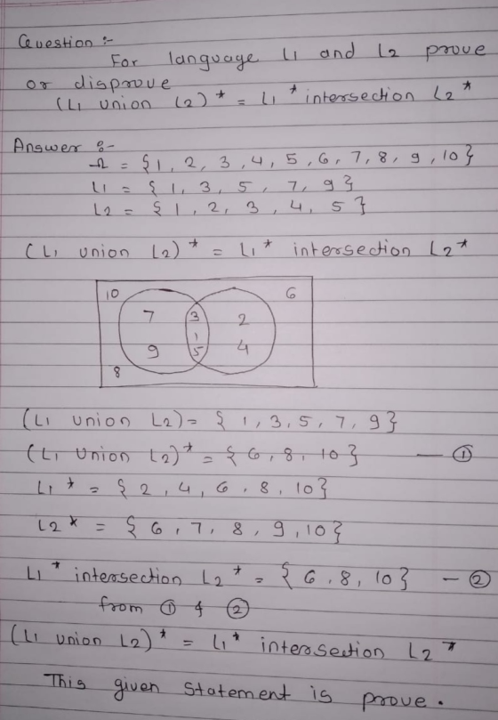 Cuestion : - for language L and Le or disprove (4 union 6 * = 4 * intersection prove L * Answer I - r = U = L2= 51,2,3 ,4,5 ,
