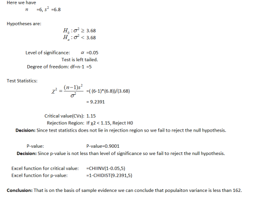 Here we have n =6, 52 =6.8 Hypotheses are: H:02 > 3.68 H:02 < 3.68 Level of significance: a =0.05 Test is left tailed. Degree