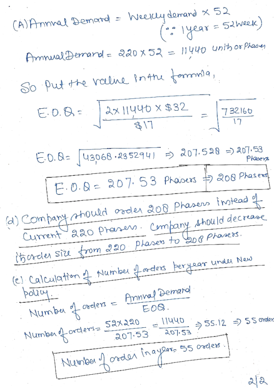 (A) Annual Demand = Weekly demand x 52 1 year = 52 week) Amnual Demand = 220x52 = 11440 units or phases So put the reline in