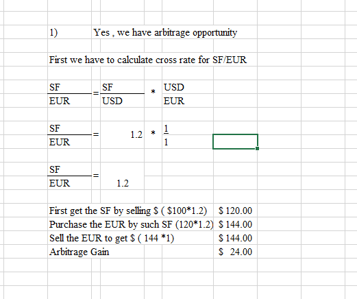Yes, we have arbitrage opportunity First we have to calculate cross rate for SF/EUR SF SF EUR USD EUR SF EUR SF EUR 1.2 First