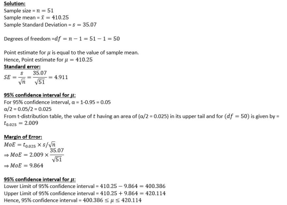 Solution: Sample size n 51 Sample mean - 410.25 Sample Standard Deviation S 35.07 Degrees of freedom-df = n-1 = 51-1 = 50 Poi