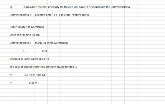 2) To calculate the cost of equity for this we will have to first calculate the unlevered beta Unlevered beta = Levered beta/