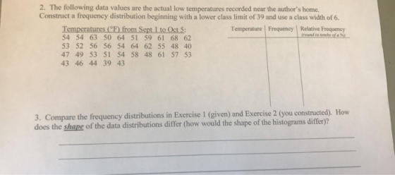 2. The following data values are the actual low temperatures recorded near the authors home. Construct a frequency distribut