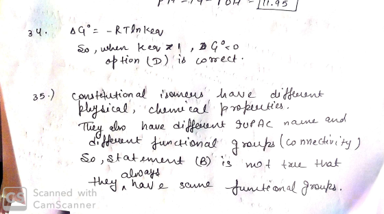 PM-14!OH 11.95 34. AQ°= -RT &nkea So, when keaza,DG50 option (D) is corect: 35.) constitutional saneus have different playsi
