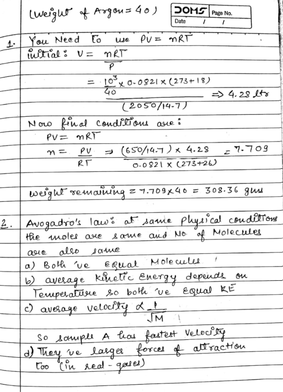 Date 3 2oSo/4-7 2. Avogadros lawa same Moleculel kinetre Enery depende eu c) av M i asacHou ei CeL