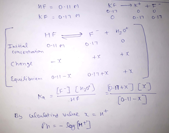 - HF = 0.IM KE = 0.17 M KF 0.17 o kt ti- 0 0 0.17 0.17 - HF o llm F + Hot 0.17 o . Initial concentration x tx tx Change 0.17+