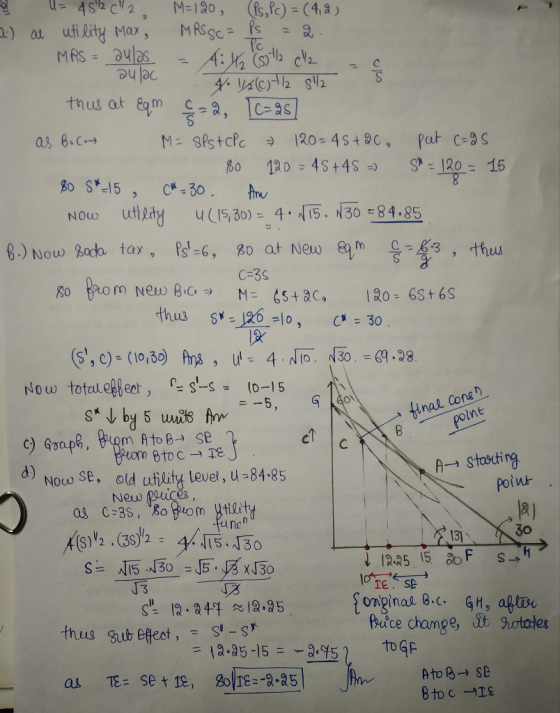 a) at utility Max, MRss-h=a MRSs ㄎ utetl u(15,30) = 4.4T5, 0-84-85 Now C-3S thus s-126 lo, C=30 Now total«Hear , r= s-s- 1