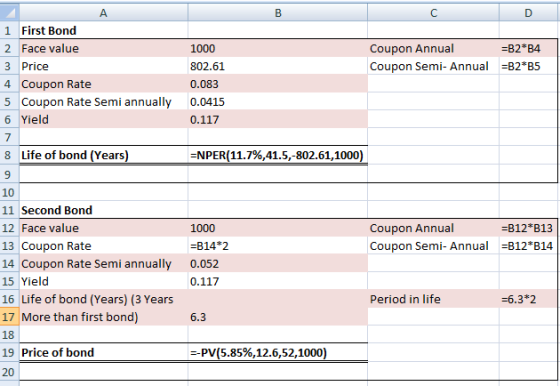 A. C 1 First Bond Coupon Annual B2*B4 2 Face value 1000 3 Price -B2*B5 802.61 Coupon Semi- Annual 4 Coupon Rate 0.083 5 Coupo