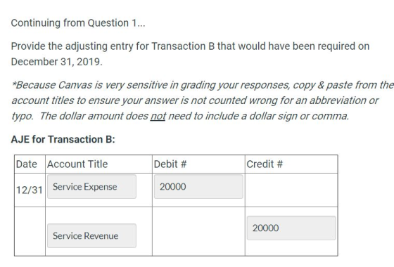 Continuing from Question 1... Provide the adjusting entry for Transaction B that would have been required on December 31, 201