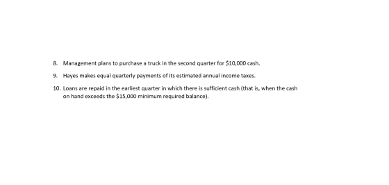8. Management plans to purchase a truck in the second quarter for $10,000 cash. 9. Hayes makes equal quarterly payments of it