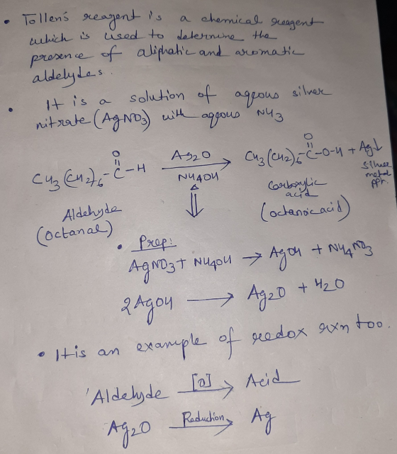 Tollens reagent is a chemical reagent which is used to deternine the presence of aliphatic and aromatic aldelydes. It is a s