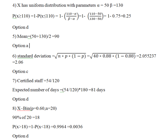 4) X has uniform distribution with parameters α-50 β-130 P(x2110)-1-P(x<1 10)-1- - Option d 5) Mean (50+130)/2-90 Option al 6