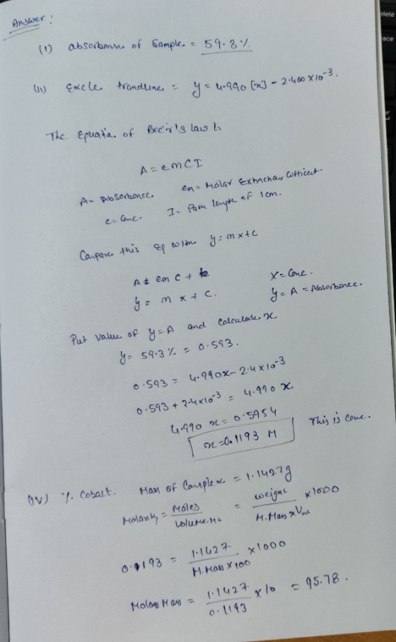 plete Answer: ace 1 absorbons of sample & 59.3% U excle trandline - y = u.990 (m) - 2.400 x 10 The Equata of Beers law to A=
