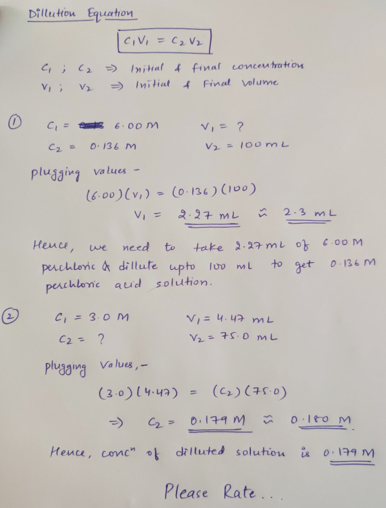 Dillution Equation civo - C₂ V2 = c V ; ; a 2 Initial initial & & final Final concentration volume o c= 6.oom Vi=? C₂ = 0.136