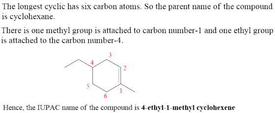 The longest cyclic has six carbon atoms. So the parent name of the compound is cyclohexane. There is one methyl group is atta
