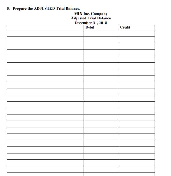 5. Prepare the ADJUSTED Trial Balance. MIX Inc. Company Adjusted Trial Balance December 31, 2018 Debit Credit