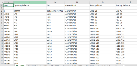 M IK 2 Year L opening Balance N Interest Part EMI Principal Part Ending Balance 3 4 1 5 =K4+1 6 =K5+1 7 =K6+1 8 =K7+1 9 =K8+1