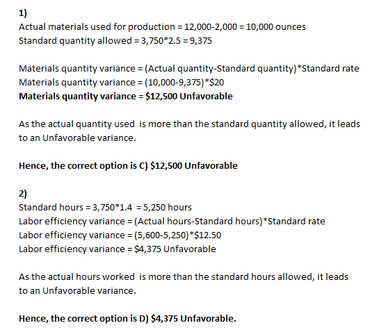 Actual materials used for production = 12,000-2,000 = 10,000 ounces Standard quantity allowed = 3,750*2.5 = 9,375 Materials q