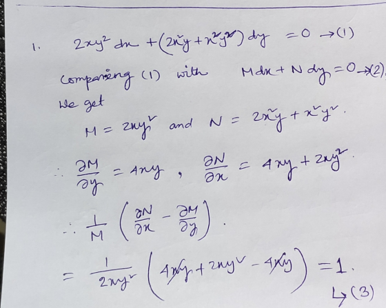 zxyz da +(22y + xy) dy =0 (1) comparting (1) with Mart Ndy=0*2)- We get M = zuyu and N= 2xy + xyr. a = any, en la = Any + zay