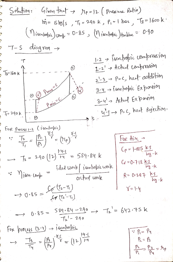 600k - - - - - - 1 Pmox - L Pminc I 90k F E Solution Given that rp=12 ( pressure Ratio) m=stols , T, = 290k, P,= 1 bar, T3=16