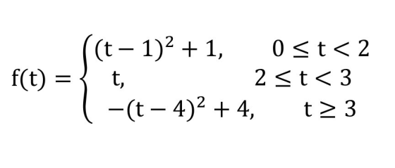 f(t) = ((t - 1)2 + 1, 0 <t< 2 t, 2 <t <3 -(t – 4)2 + 4, t> 3