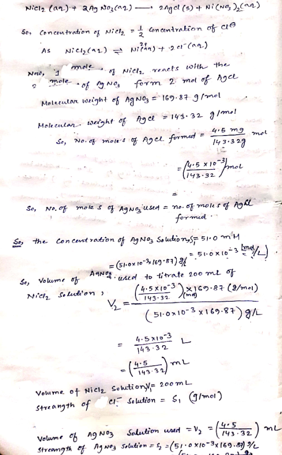 Nicl2 (aq) 4 ang 1902(12) — ang d (s) + wi(NO),(22) so, concentration of Niely - Concentration of co As Nich(12) Nilhas + 2 e