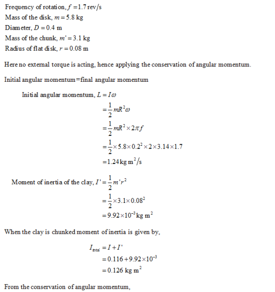 Frequency of rotation,f = 1-7 rev/s Mass of the disk, m = 5.8 kg Diameter, D 0.4 m Mass of the chunk, m-3.1 kg Radius of fla