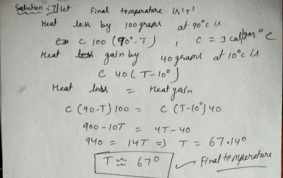 at 90°c in = I callom c 1 lost gain by sclution - 7 ut final temperature is Heat loss by 100 grame c 100 (90-T) Heat 40 gram