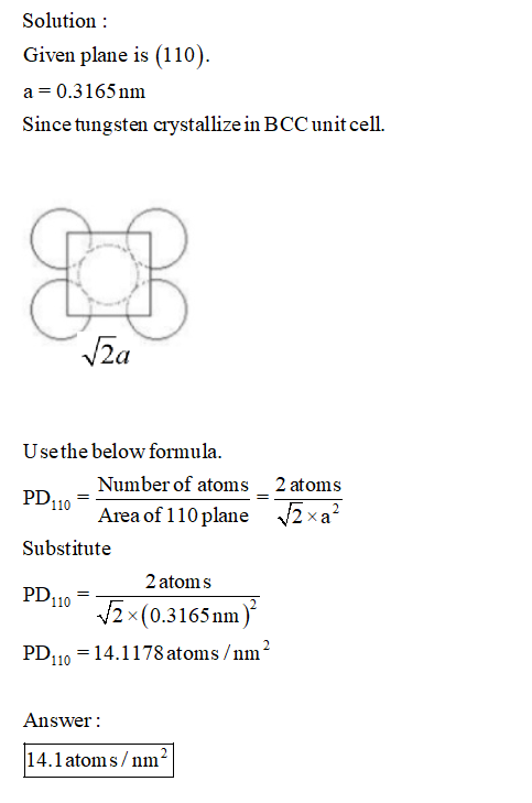 Solution : Given plane is (110). a = 0.3165 nm Since tungsten crystallize in BCC unit cell. Usethe below formula. Number of a